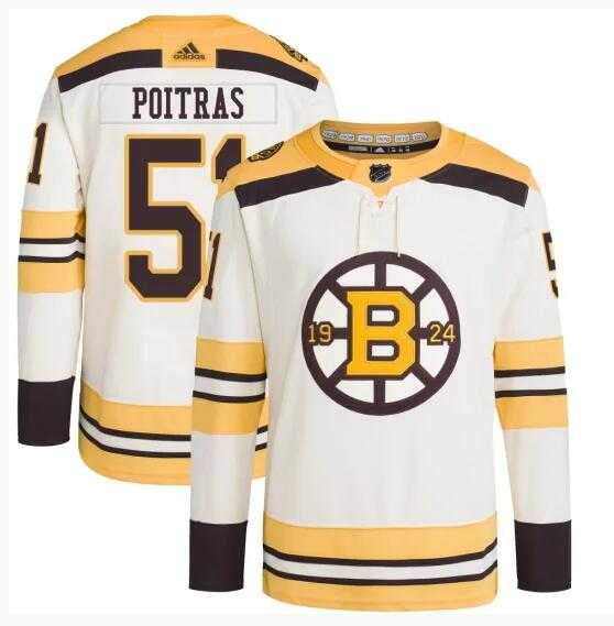 Men's Boston Bruins #51 Matthew Poitras Cream 100th Anniversary Stitched Jersey Dzhi